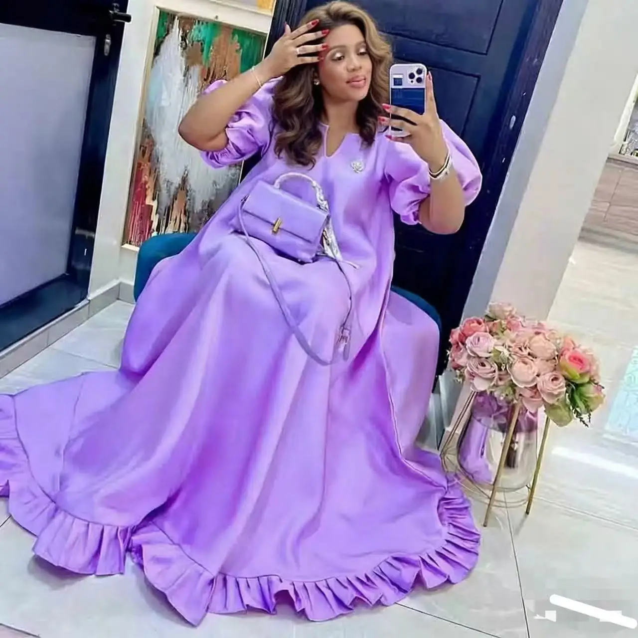 

Элегантное женское платье макси с африканским принтом - длинный халат для летних вечеринок и отпуска, мусульманская одежда премиум-класса из смеси хлопка и шелка