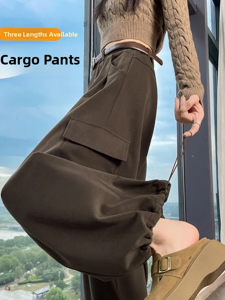 

American Dstring Work Pants Women's High Waist Slim Straight Leg Cargo Trousers Coffee Color Small Size Casual Pants