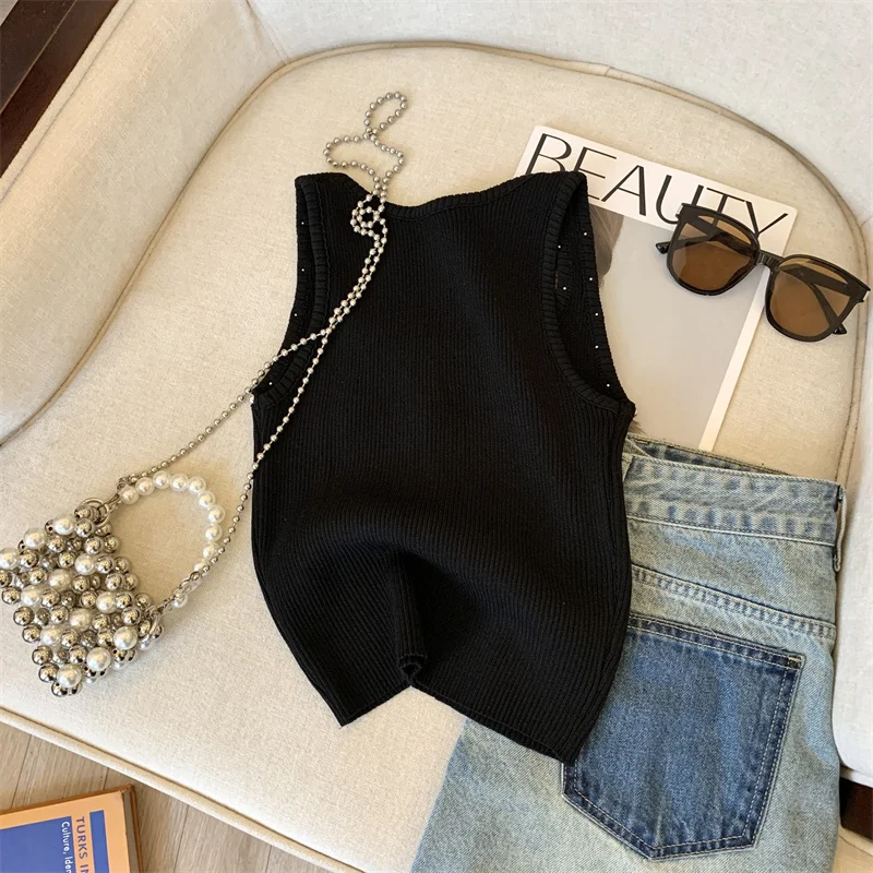 Sexy Stylish Slim Knit Sweater Vests Women Chic Crop Tops 2024 Summer Sleeveless U-neck Rivets Streetwear Fashion Knitwear Jumpe