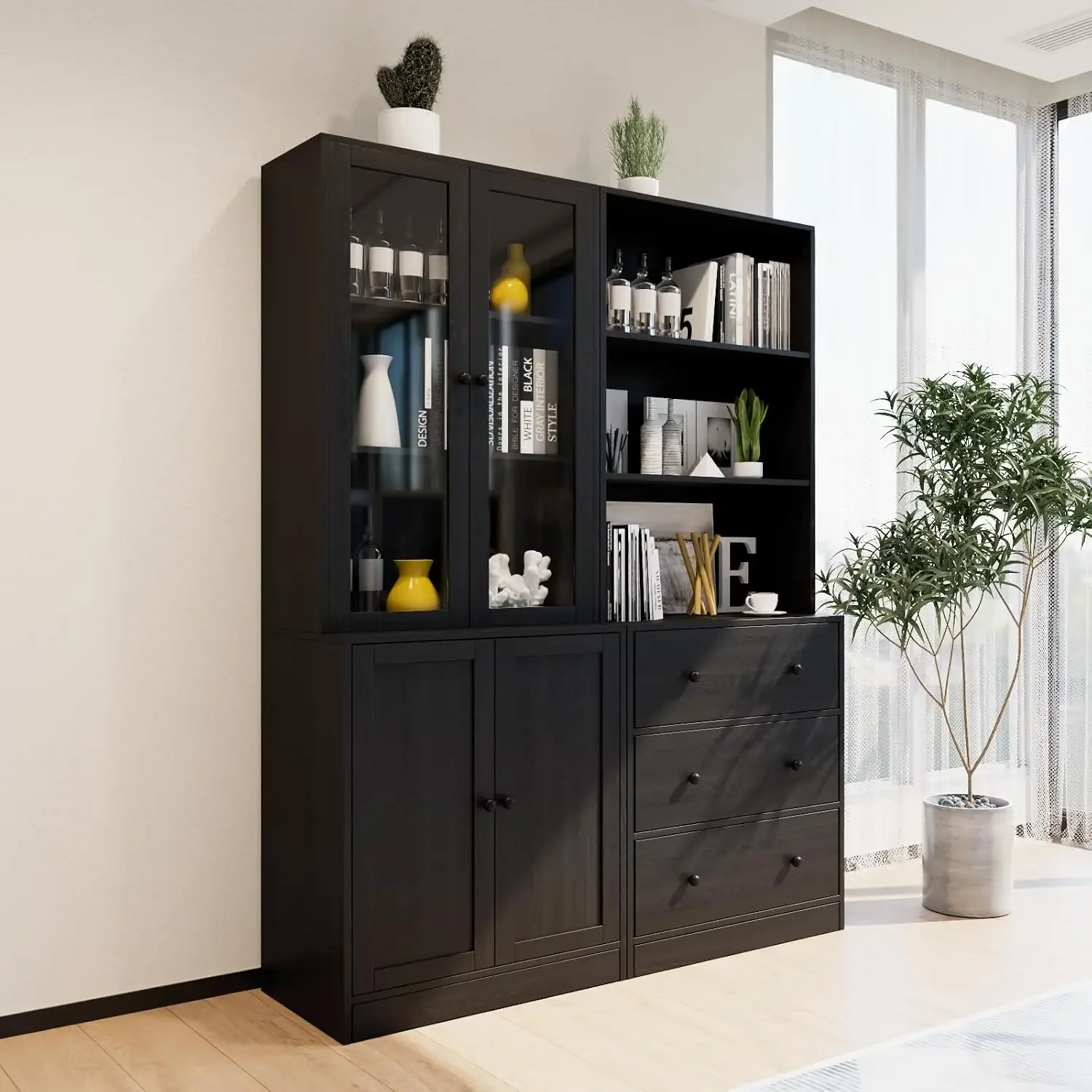 71" H Bookshelf with Storage, 6-Tier Modern Bookshelves with 3 Large Drawer, Display Bookcase with Glass Doors, Modern 5-Tier Cu view 3