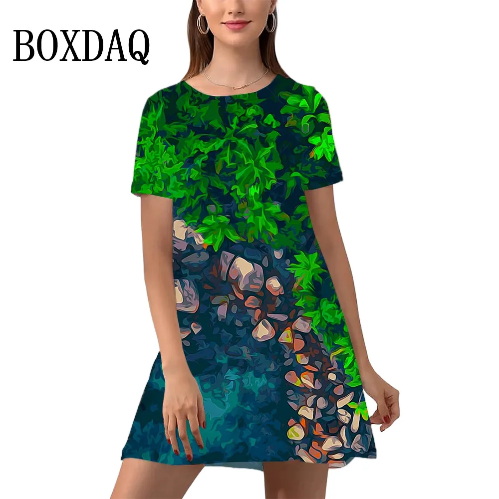 

2024 Summer New Round Neck Painting Print Short Sleeve Dress Loose-Mini Casual Dress For Womens Clothing Plus Size Sundress 6XL