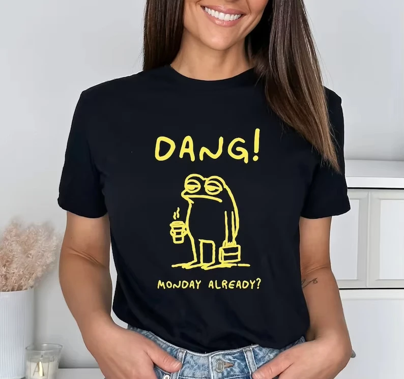 

Monday Color Design Unisex Funny Frog Coffee Monday Frog Harajuku Sleeve Casual T-shirt Clothing Street Tops Aesthetic Clothes
