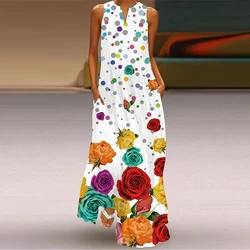 Women Dress 3D Color Floral Digital Print V-Neck Dress Large Size Sleeveless Double Pocket Long Dress Women Elegant Evening Gown