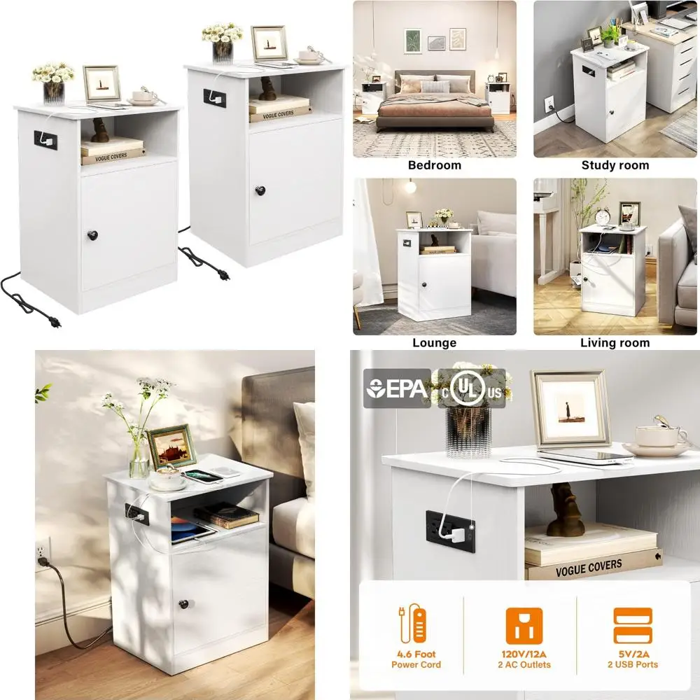 Пара современных тумбочек с зарядной станцией, USB-портами и розетками