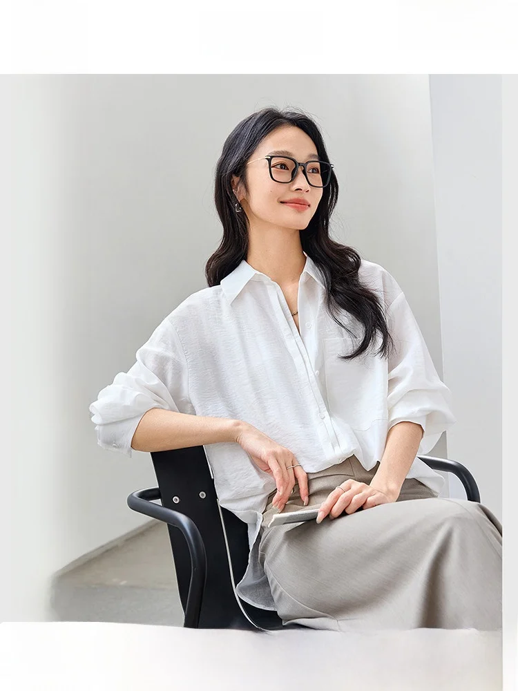 

White Long Sve Women's irt Faionable Agel Chic Top Vimaly Casual Fit Button Detail Regenerated Fiber Autumn New Arr...