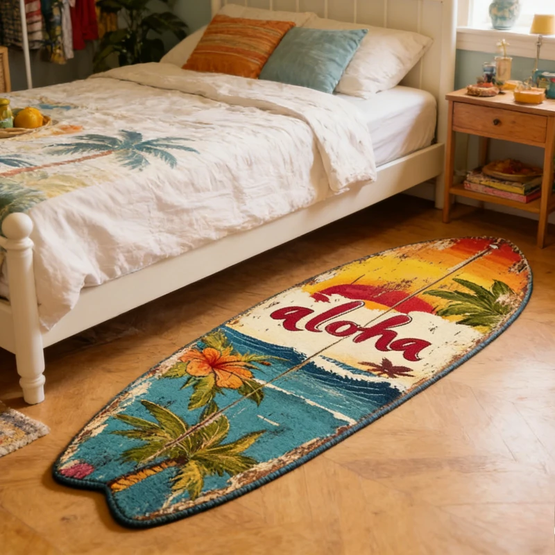 VIKAMA Surfboard‑Shaped Runner Rug Vintage Aloha Hawaii Palm Hibiscus Ocean Print Soft Non‑slip Floor Mat For Bedroom Bedside