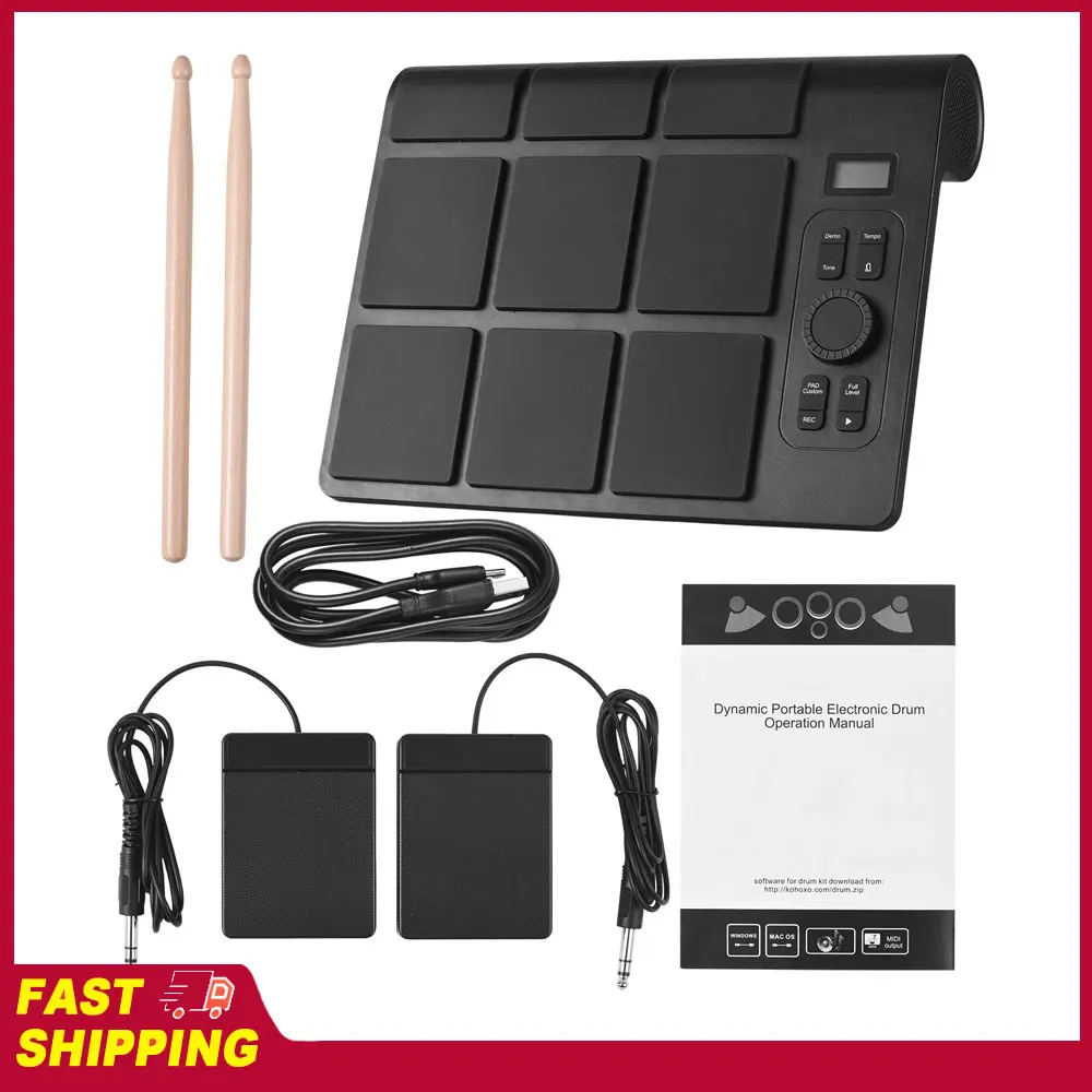 Electronic Tabletop Drum Set with 2 Speaker 9 Pads Color Lighting Supports BT MIDI Various Audio Connection LCD Display Adjustab