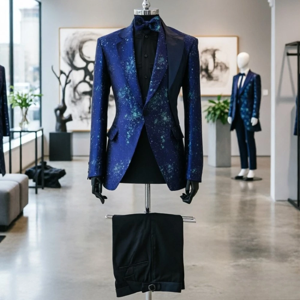 

Floral Wedding Tuxedo Men Royal Blue Sparkle Tuxedo Galaxy Slim Fit Formal Groom Suit for Prom Banquet Party Event 2 Pcs