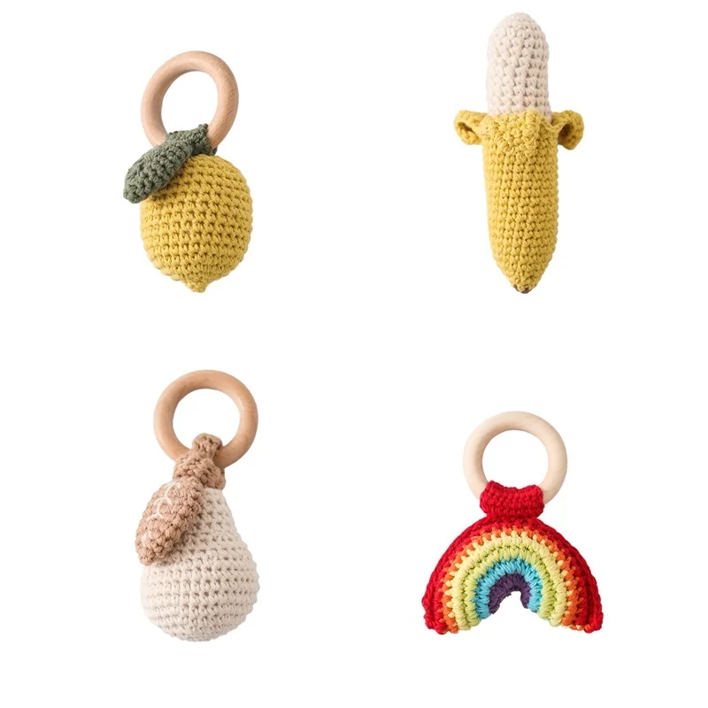 Baby Crochet Beads Wooden Ring Rattle Teether Toys Fruit Shaped Leaves Pine Nuts Beads For DIY Pacifier Chain Necklace Wholesale