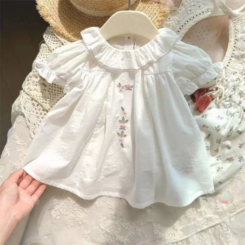 

summer toddler clothes baby tops Sweet little girl's white T-shirt Vintage flower embroidery Girls' puff sleeve top