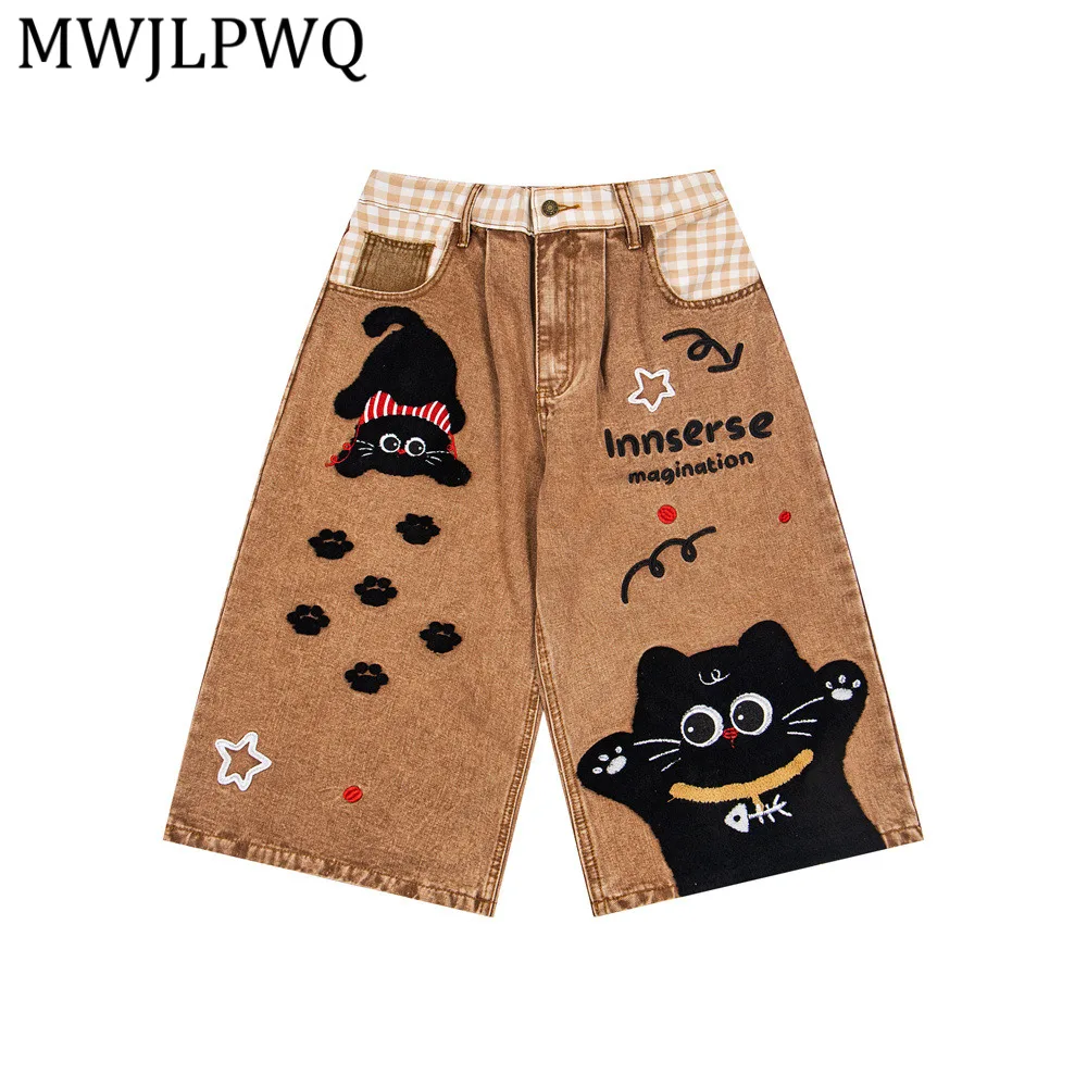 

MWJLPWQ High Street Embroidered Denim Pants For Men Summer Hip-Hop Trend Washed Distressed Printed Spliced Loose Shorts 14613