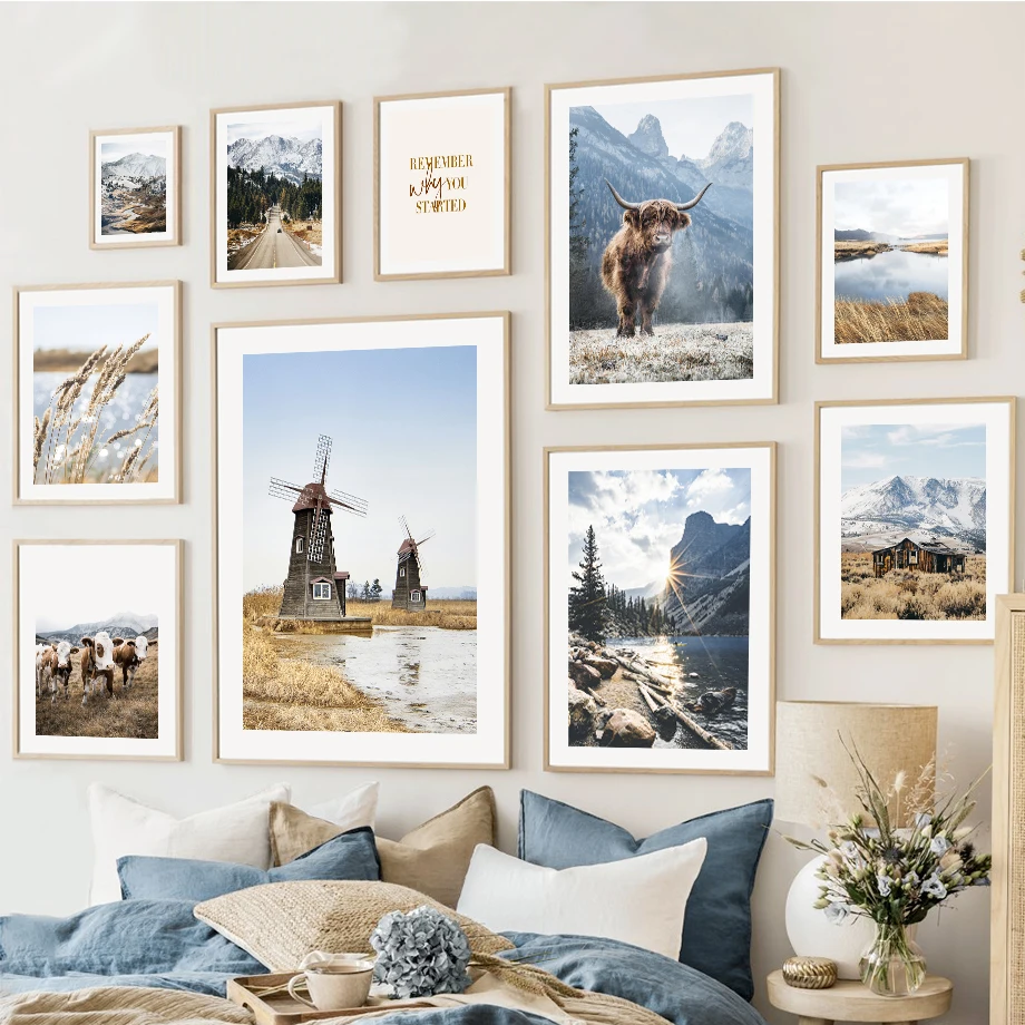Autumn Mountain House Yak Reed Landscape Wall Art Canvas Painting Nordic Posters And Prints Wall Pictures For Living Room Dec