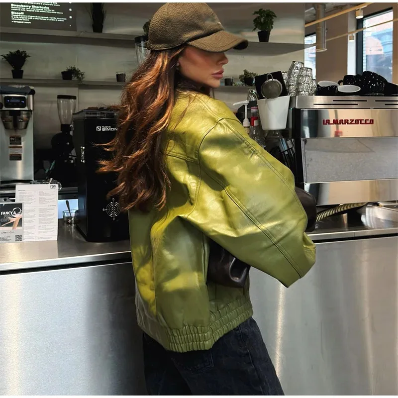 Veste en cuir PU vert Vintage pour femme, manteau court à revers, manches longues, bouton de fermeture éclair, mode automne 2025, nouveaux vêtements d'extérieur de rue
