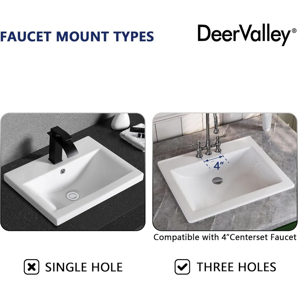 DeerValley 21x18 Inch Rectangular Ceramic Bathroom Sink with Overflow, White