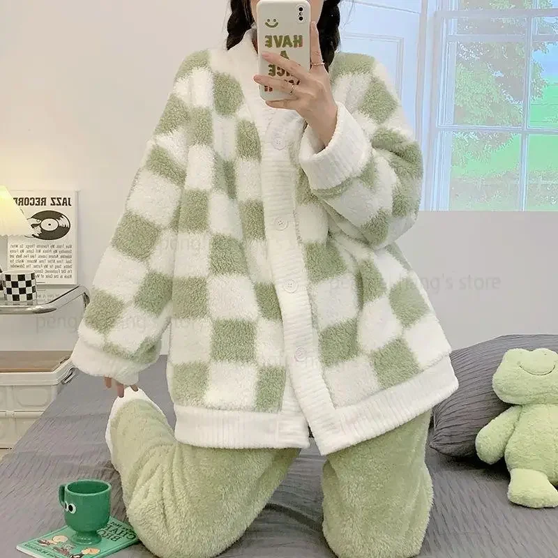 

Winter Women's Pajamas Checkered Velvet Padded Simple Sleepwear Warm Pijama Can Be Worn Outside French Style Home Clothes Set