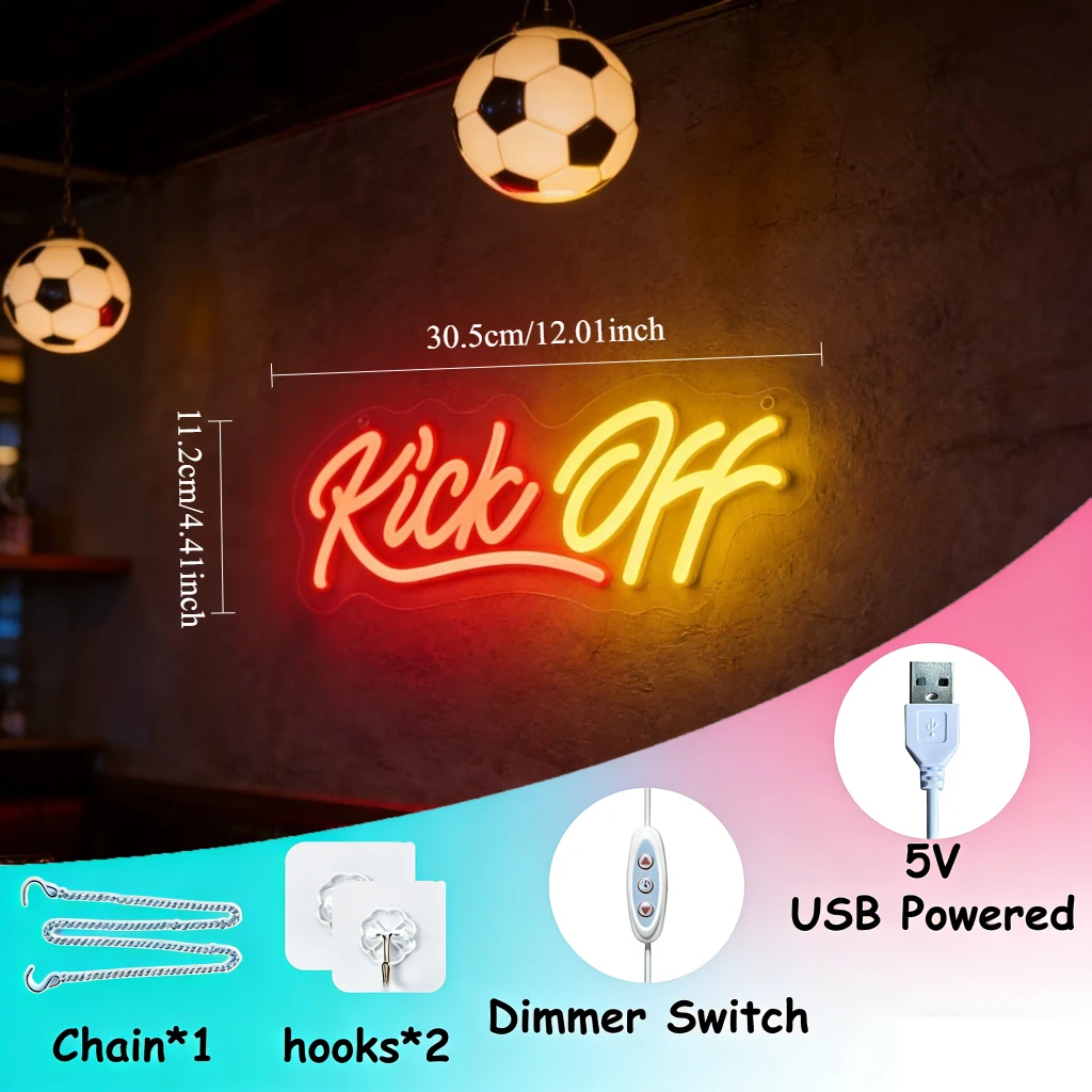 Kick Off LED Neon Sign USB Dimmable Red Yellow Hanging Light for Sports Bar Game Room Man Cave Watch Party Birthday Decor Light