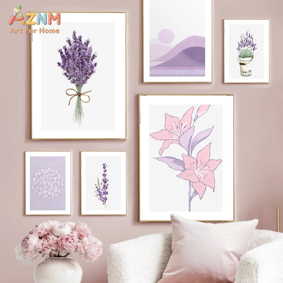AZNM Purple Lavender Lily Canvas Wall Art Hydrangea Abstract Mountain Floral Print Minimalist Boho Bedroom Decor Unframed