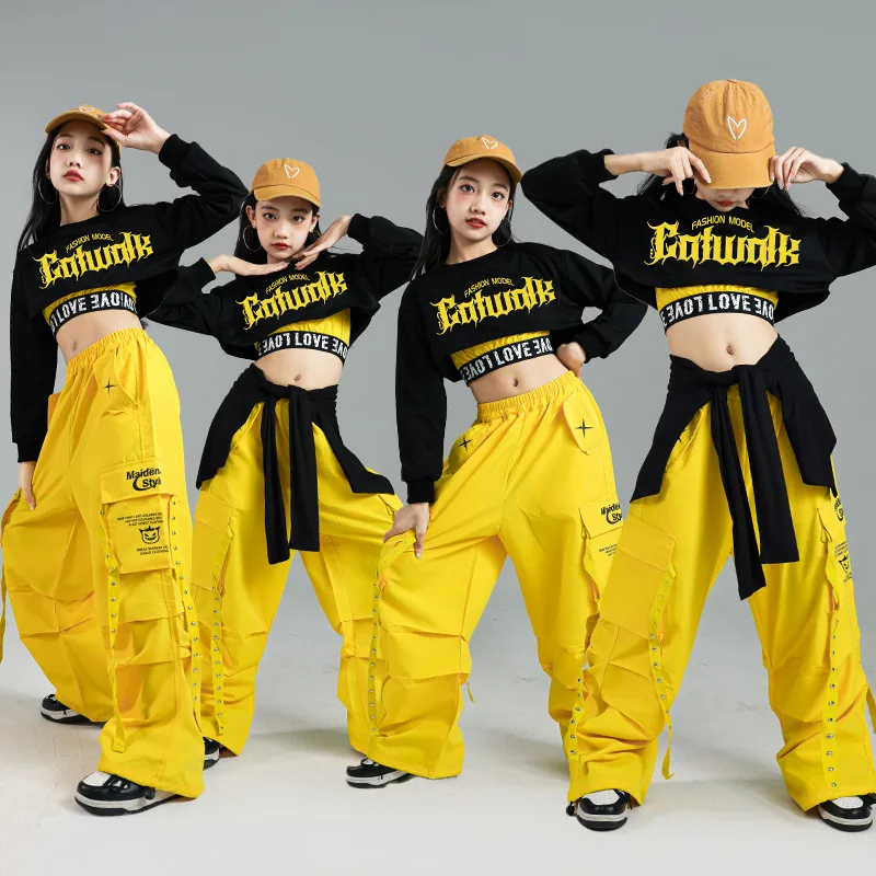 الهيب هوب الفتيات موضة K-pop المحاصيل الأعلى خطابات البضائع السراويل الطفل الشارع الرقص سترة الاطفال الشارع الشهير فتاة مجموعة ملابس الجاز مجموعة