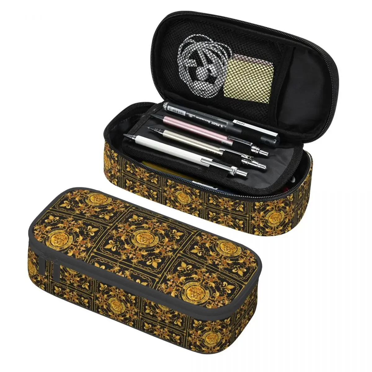 

Custom Cute Golden Lion And Damask Ornament Pencil Cases for Luxury Baroque Floral Large Capacity Pen Bag Box School Supplies