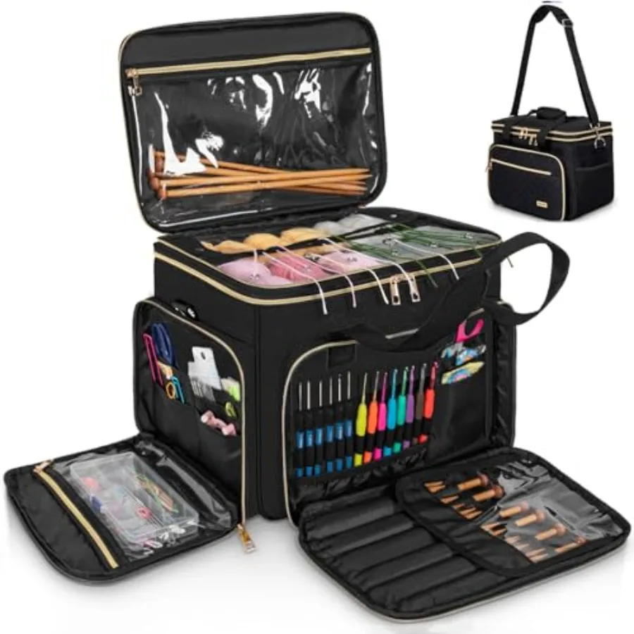 

FREEAMG Knitting Bag Yarn Storage Tote Large Crochet Organizer Bag Yarn Holder Case for Knitting Needles Knitting Project Bag w