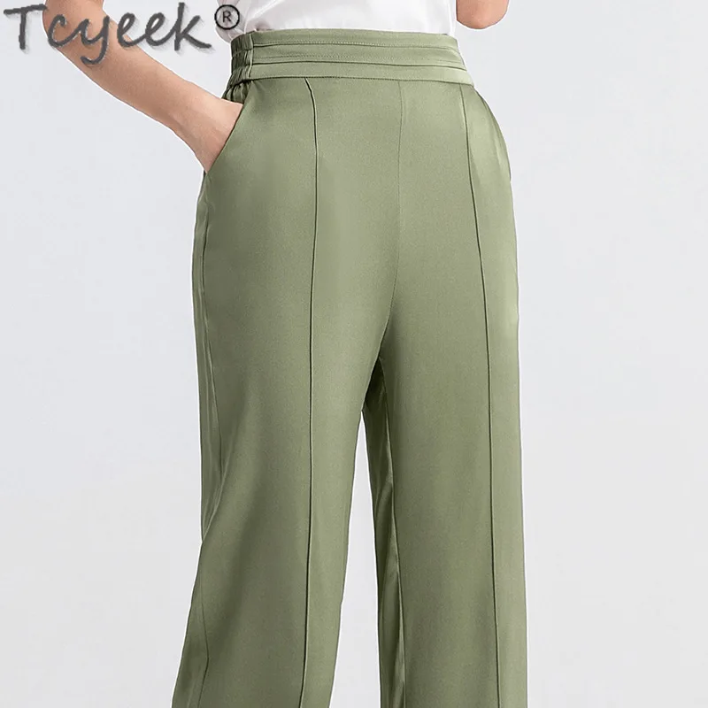 Tcyeek 95% Mulberry Real Silk Pants Summer Long Pants High Waist Straight Pants Women Thin Style Woman Trousers 2024 Streetwear