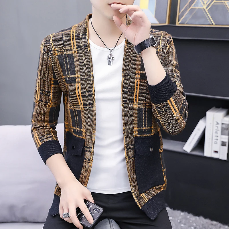 

​Spring Autumn Streetwear Fashion Contrast Color Striped Male Cardigan Korean Style Knitted Casual Men's Sweater Mens Kint Coat