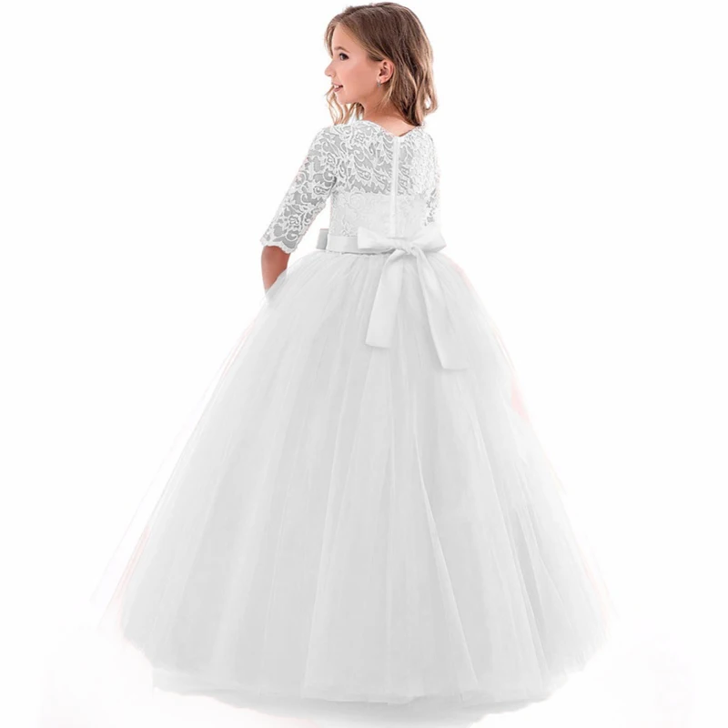 Elegant White Bridemaid Girl Dresses Bow Party Wedding Ball Gown Tulle Princess Dress for Kids First Communion Christmas Costume