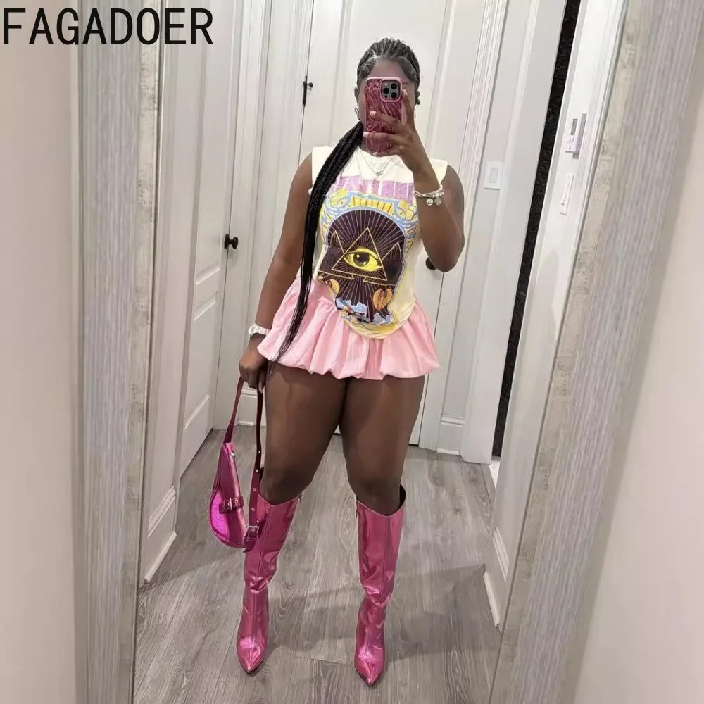 FAGADOER Sweet Women Graphic Sleeve T Shirts Streetwear Fashion Y2K Round Neck Top And Mini Puffy Skirts Two Piece Sets Outfits