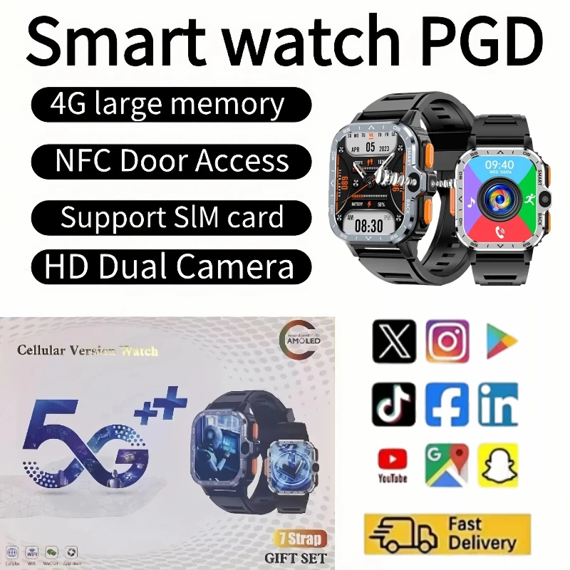 PGD 신형 안드로이드 스마트워치 남성용 GPS 16G/64G ROM 저장용량 HD 듀얼 카메라 NFC 2G 4G SIM 카드 WIFI 무선 빠른 인터넷 접속
