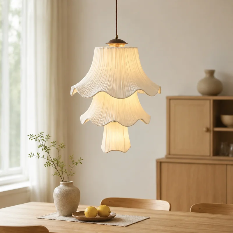 Retro Japanese Fabric Tiered Pleated Scalloped Shade For Dining Room Bedroom Living Room Kitchen Restaurant Foyer Pendant Lamp