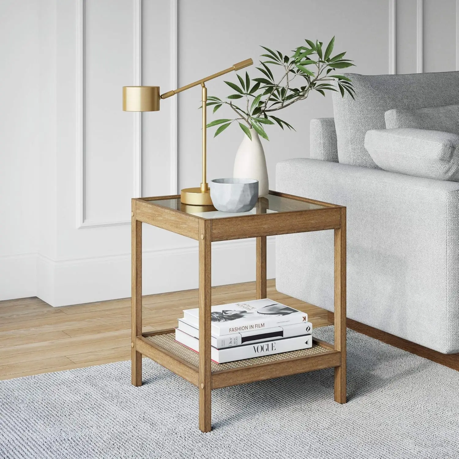 Hayes Solid Wood Nightstand, Bedside, End or Side Table in Light Brown Wood Finish & Glass Top with Open Storage Shelf,