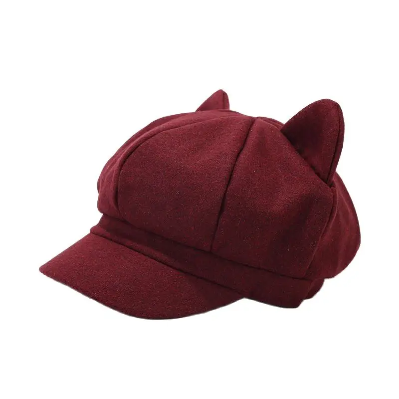 2023 Autumn Acrylic Warm Cartoon Cat Octagonal Hats for Women and Girl Berets Painter Hat Beanie Cap 02