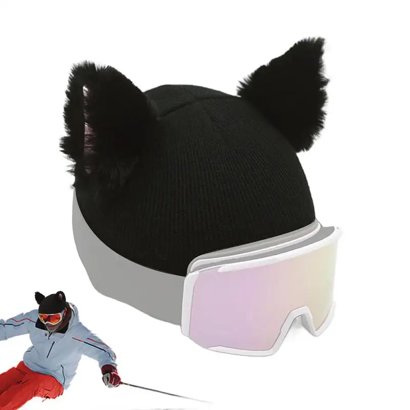 Novo bonito orelhas de gato esqui chapelaria capa placa dupla das mulheres dos homens única placa preto capacete de pelúcia capa de cabeça para esqui, patinação