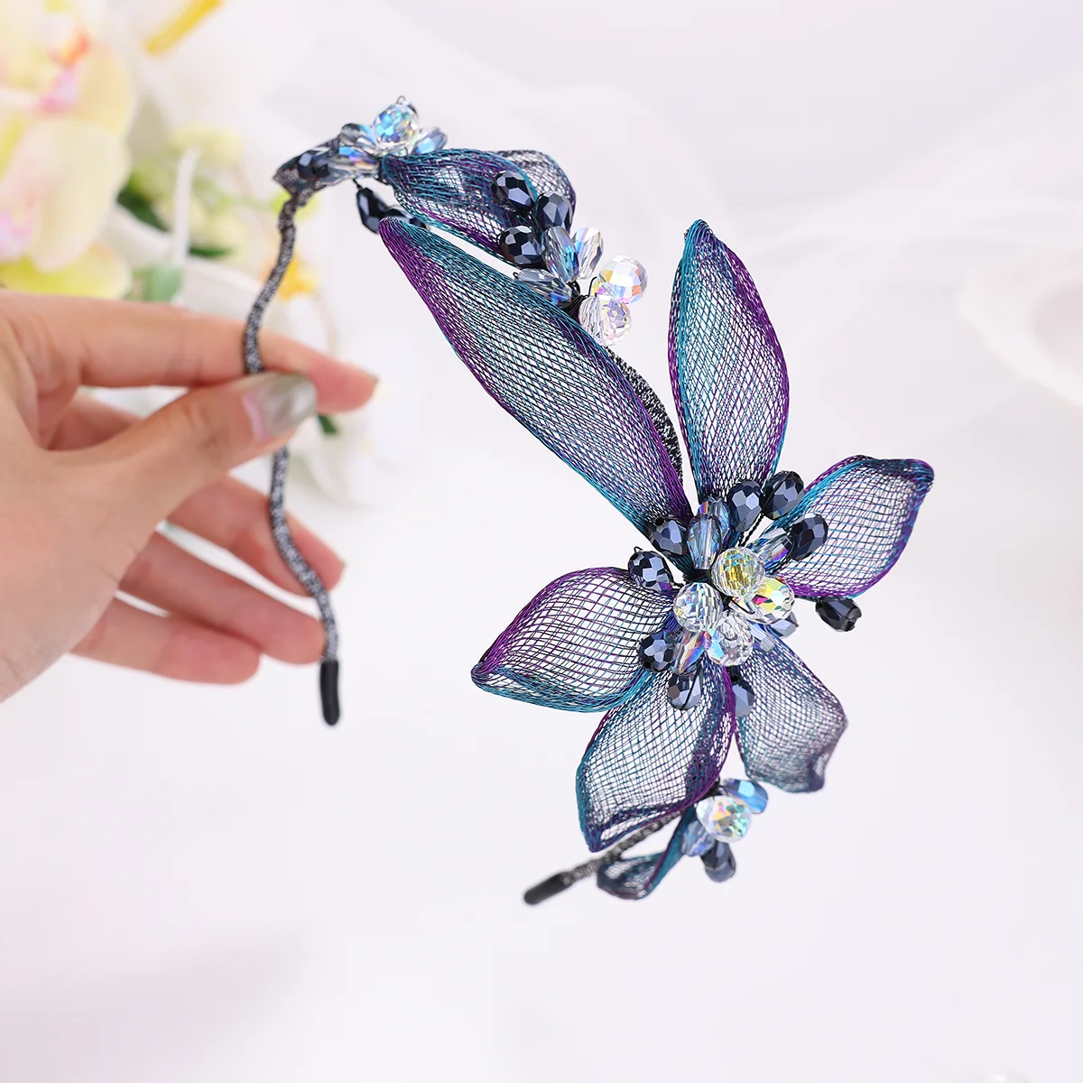 

Винтажные повязки на голову в стиле барокко с синими цветами для женщин, повязки для волос со стразами и листьями для невесты, аксессуары для волос на Хэллоуин