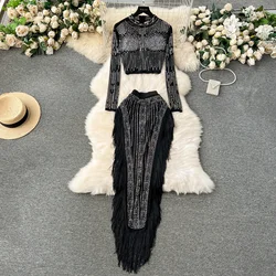 Elegant Two-piece Sets O-neck Long Sleeves Chic Rhinestone Top Slim High Waist Tassel Skirt Evening High Street Autumn Clothing