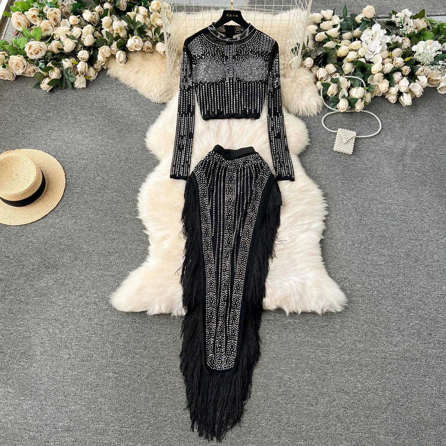 Elegant  Two-piece Sets O-neck Long Sleeves Chic Rhinestone Top Slim High Waist Tassel Skirt Evening High Street Autumn Clothing