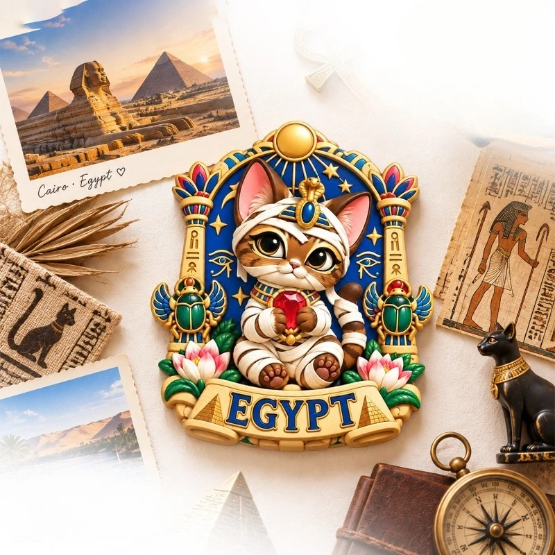 Egypt Mummy Cat Scarab Fridge Magnet - Adorable 3D Ancient Souvenir Unique Egyptian Gift for Travel & Fun Decor