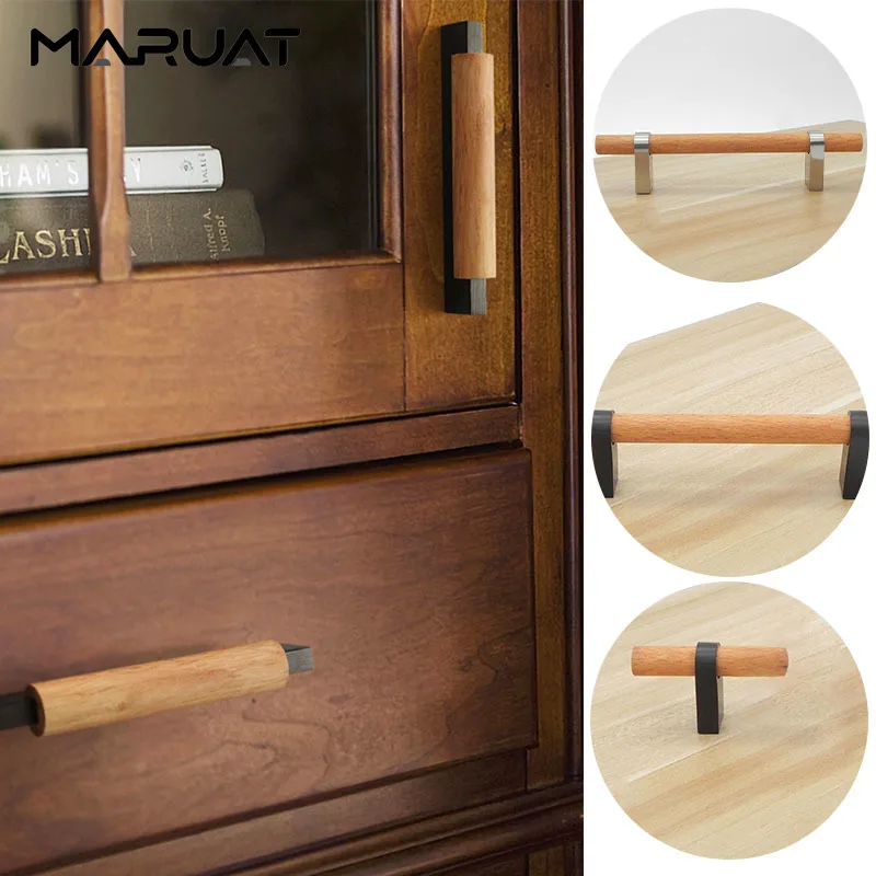 Nordic Wooden Cabinet Door Handles T Bar Handles for Cabinets and Drawers Silver Kitchen Cabinet Handles Black Furniture Handles