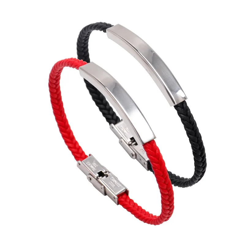 

Stainless Steel ID Leather Bangles Blank For Engrave Red/Black Leather Braid Bracelet With Metal Plate Wholesale 10pcs