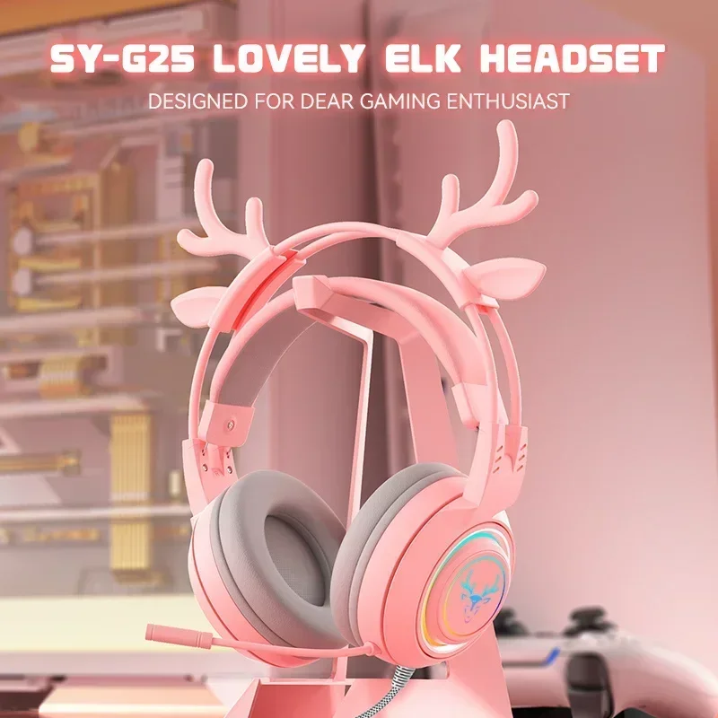 SY-G25 Antlers Cute Wired Gaming Headphones HD With Microphone 3D Space Stereo Sound Earbud RGB Lighting Laptop Headset Earphone