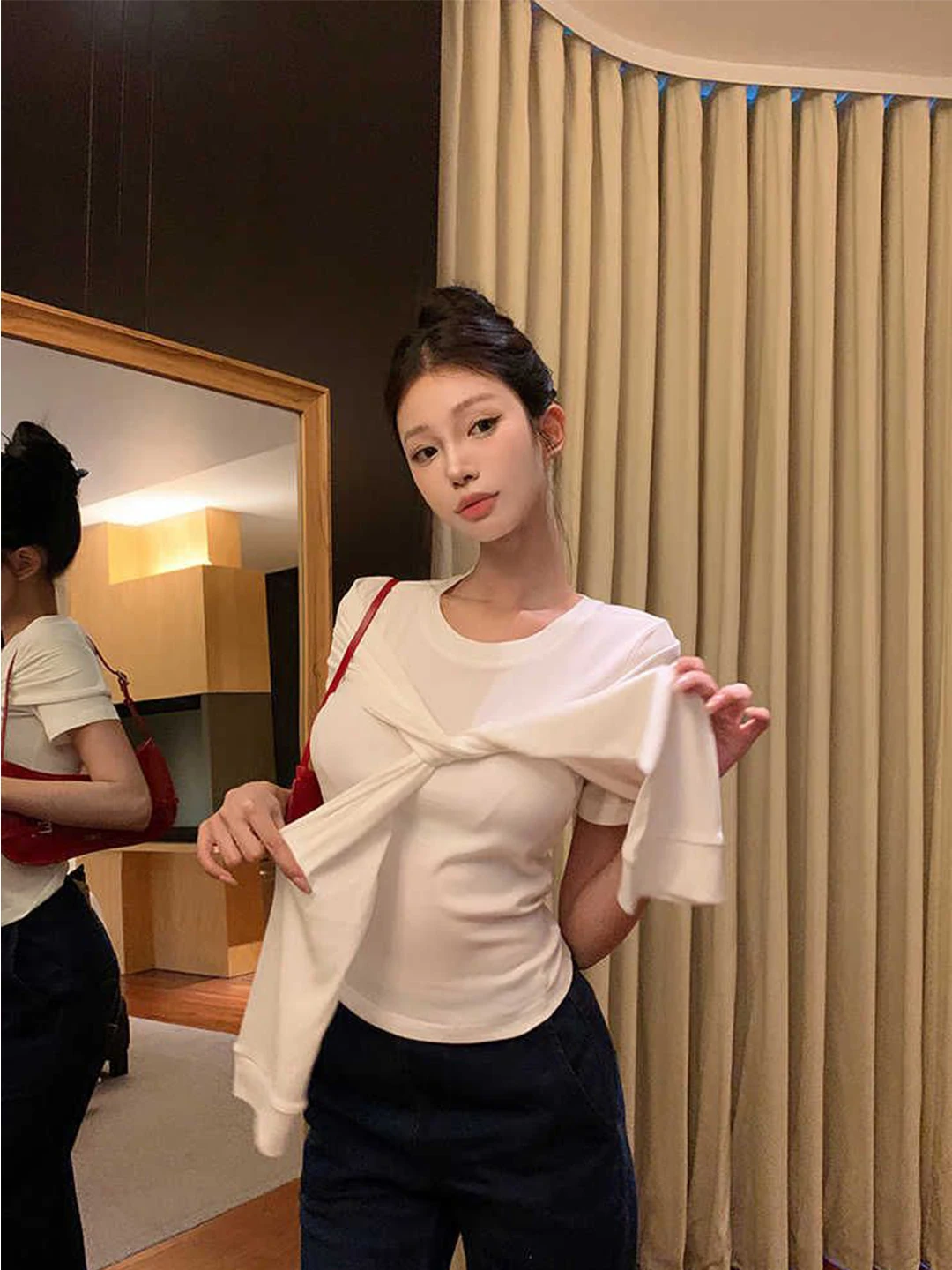 

Red Knitted Slim Fit Short Sleeve round Neck T-Shirt Women's Summer Design Binding Band Casual Style Soft Polyester Fabric