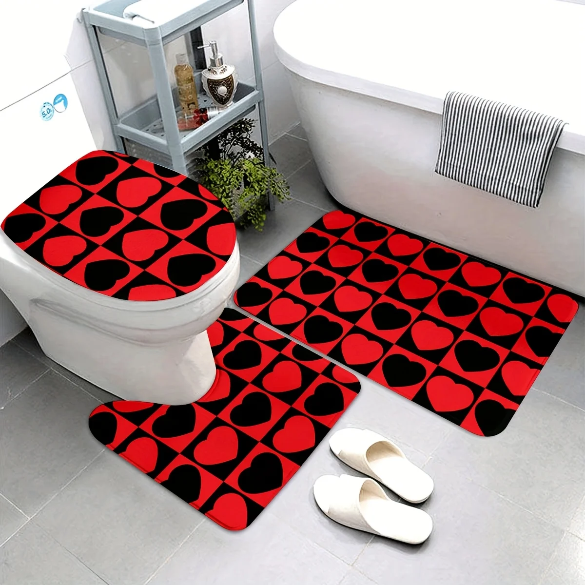 

3-piece romantic heart-shaped print, U-shaped mat, non-slip mat, toilet seat mat, suitable for bathroom decoration