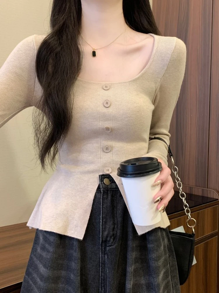 

Новый женский вязаный свитер с шикарным длинным рукавом, осенне-зимняя модная облегающая рубашка с базовым слоем, внутренняя одежда, топ, элегантный женский M10