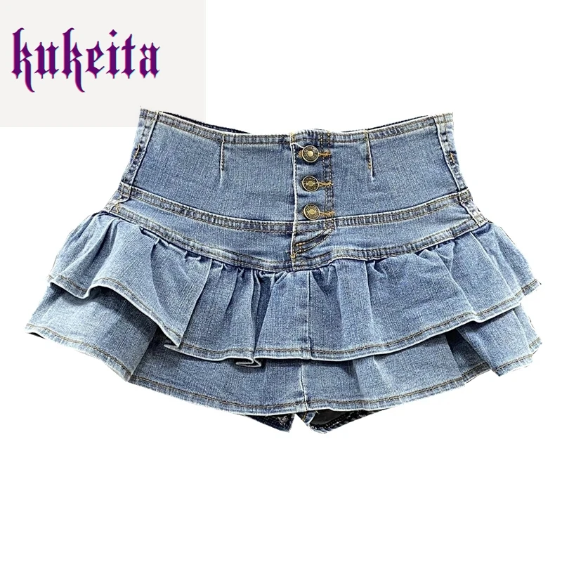 

Kukeita Harajuku Ruffles Cake Denim Skirt Y2k Punk Girl High Waist Single-Breasted Woman Summer Sexy Jeans Kawaii Pleated Skirts