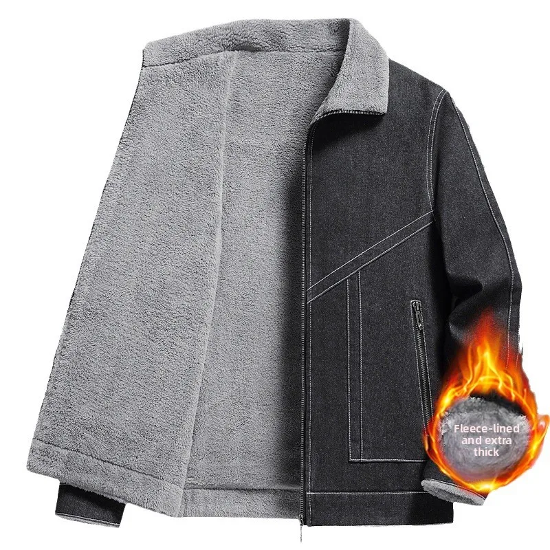 

Autumn Winter New Men Cowboy Coat Fleece-lined Thickened Lapel Youth Jacket Men Zippers Casual Denim Top Big Size Men's Clothing