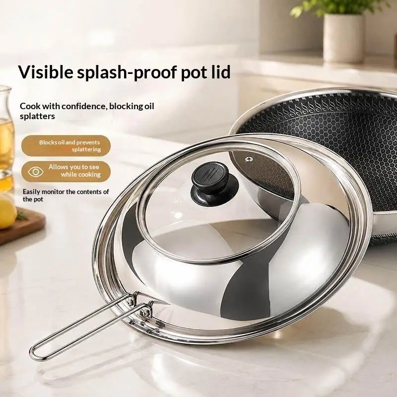Stainless Steel Oil Splatter Guard Lid With Transparent View Window Heat Resistant Knob For Home Kitchen Frying Pan Cooking Use