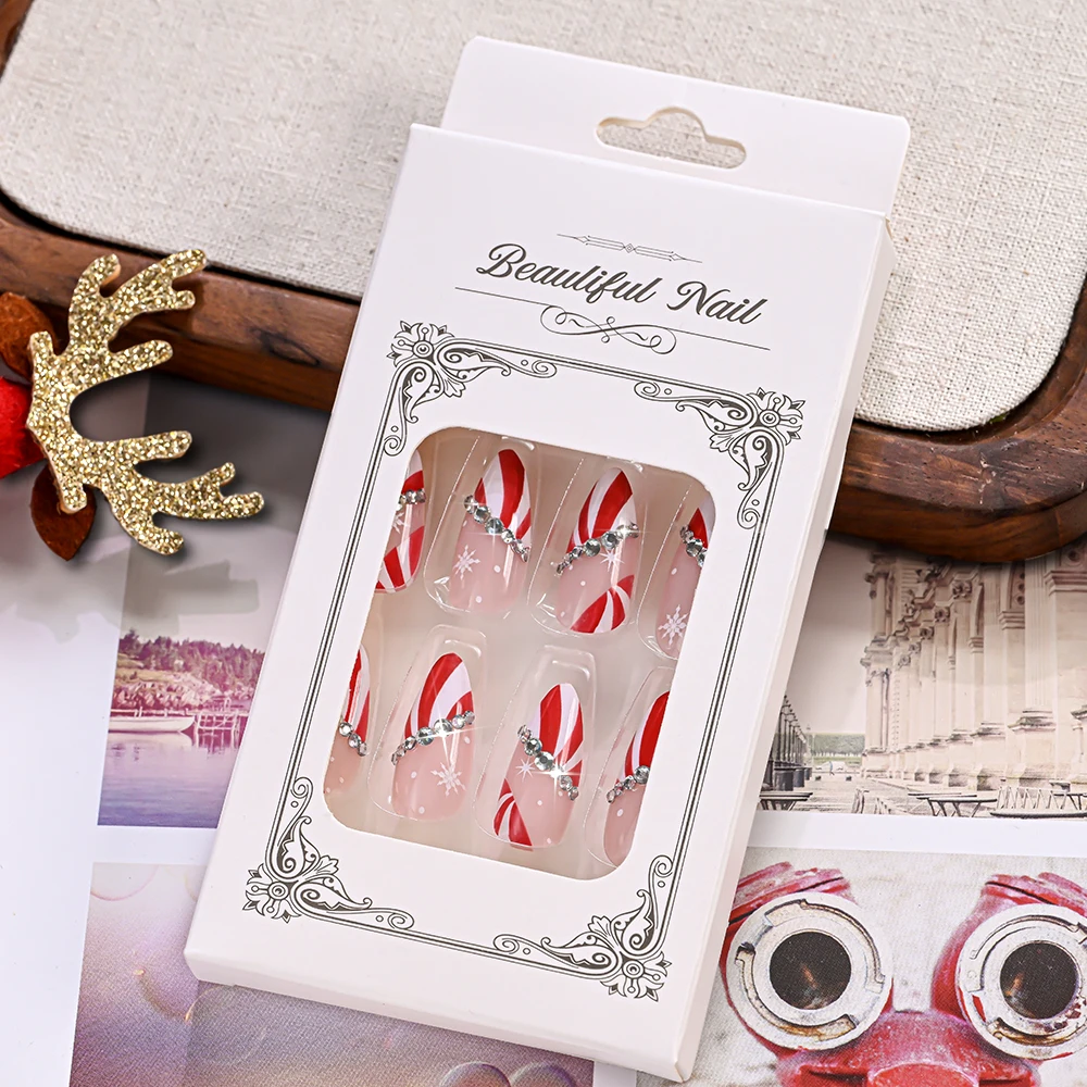 24 pièces blanc rouge rayures faux ongles pour femmes rayures ondulées clair strass ligne couverture complète presse sur ongles noël faux ongles