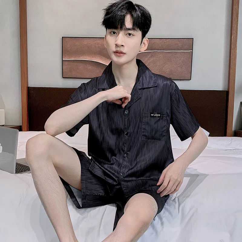 

2Pcs Summer Short Sleepwear for Men Korean Fashion Cardigan Home Clothes Short Sleeves Sleeping Top Shorts Nightwear Homme