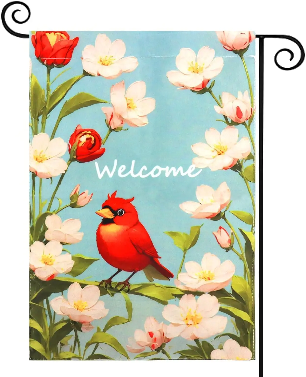 Welcome Spring Bird Garden Flag 12x18 Inch Double Sided Vertical, Burlap Small Floral Cardinal Garden Yard Flags for Outside Out