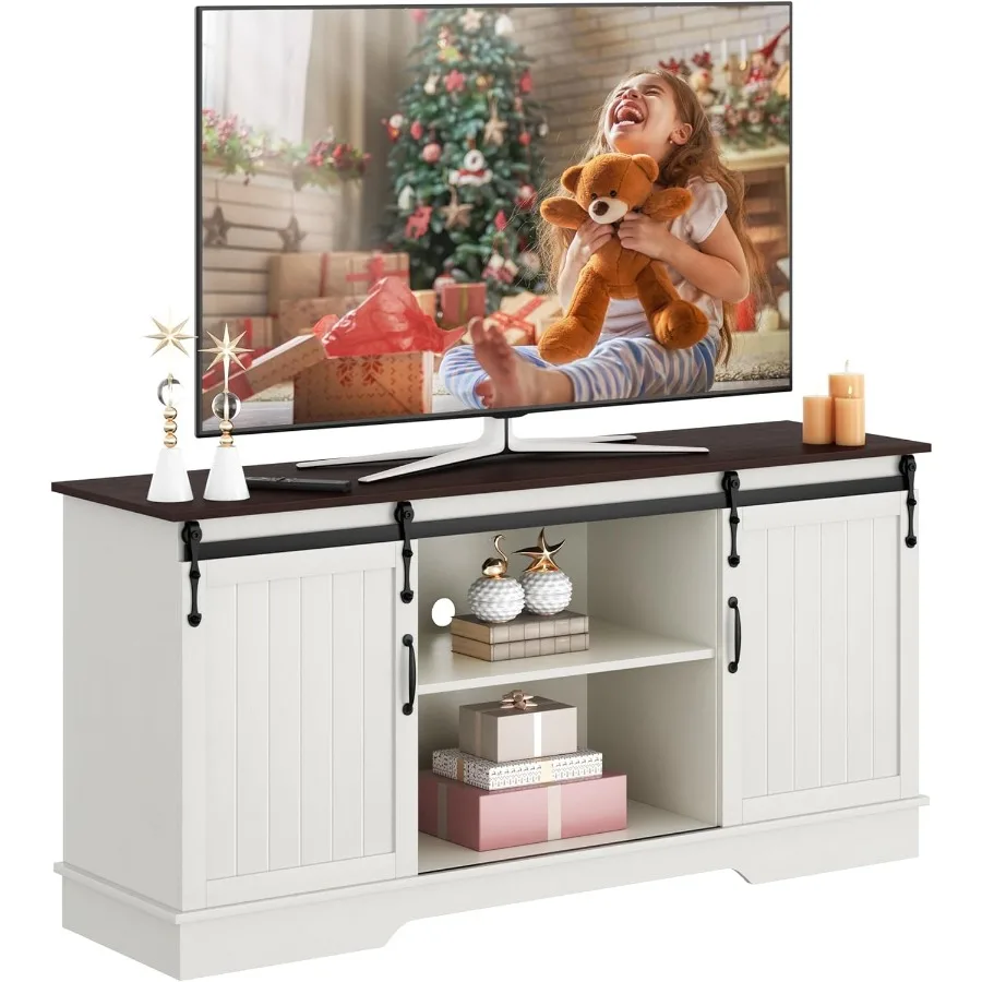 TV Stand for 65 Inch TV Farmhouse Entertainment Center with Sliding Barn Doors TV Media Console for Living Room White